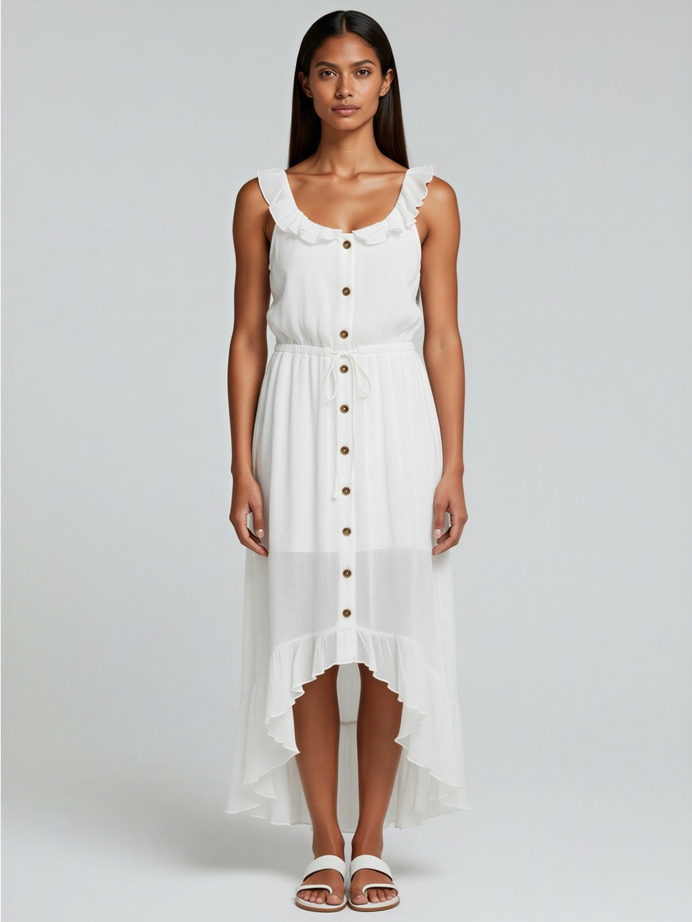 Luxology White Gauze Ruffle-Trim Button Front High-Low Dress, Woman’s Small, NWT